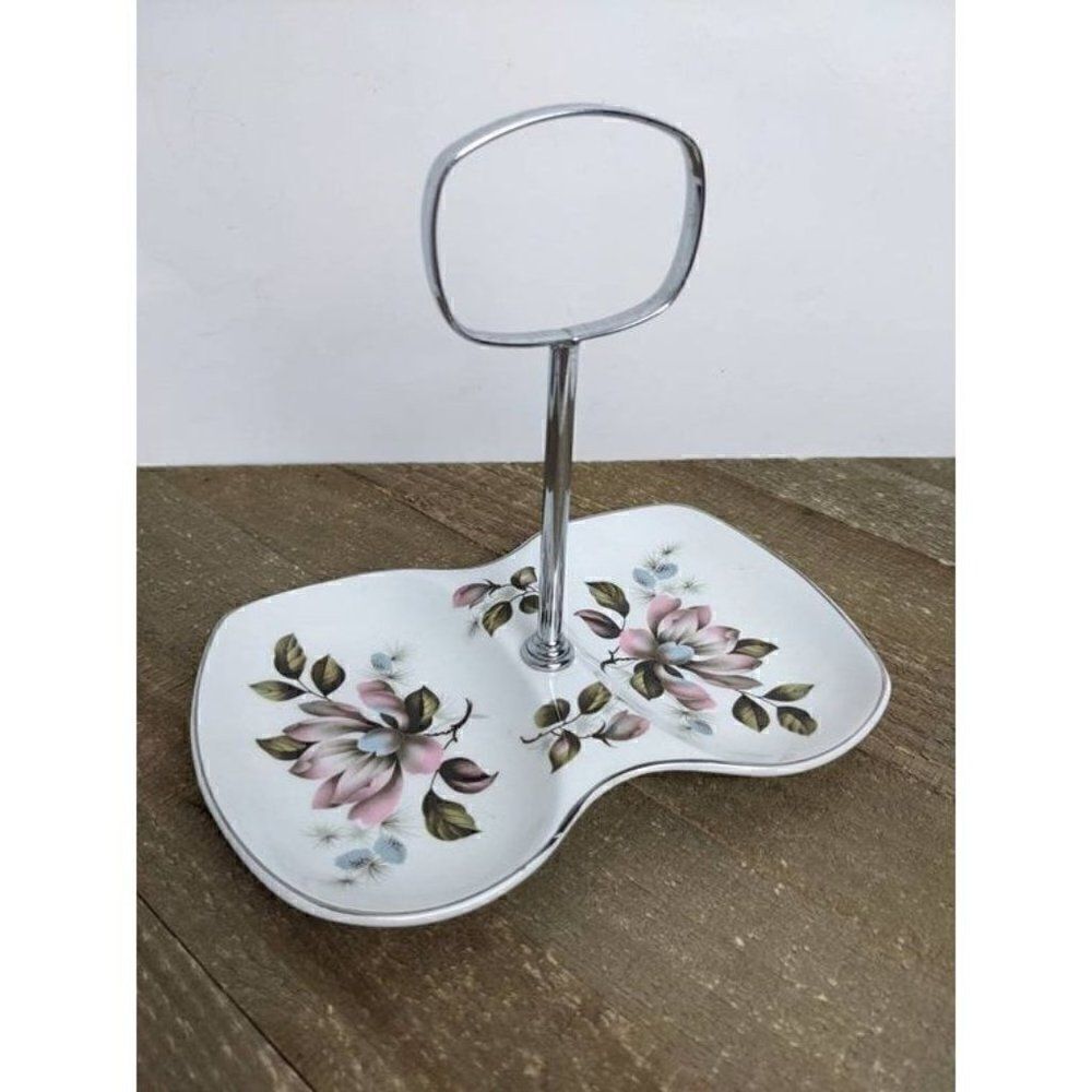 Divided Candy dish with handle Midwinter england serving plate, floral vintage